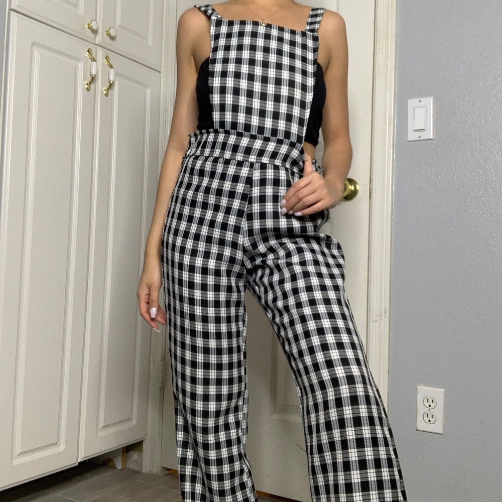 Plaid checkered overalls.